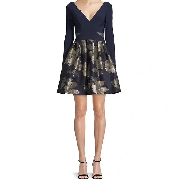 Xscape Dresses Xscape Brocade Fit And Flare Dress In Navy Gold1